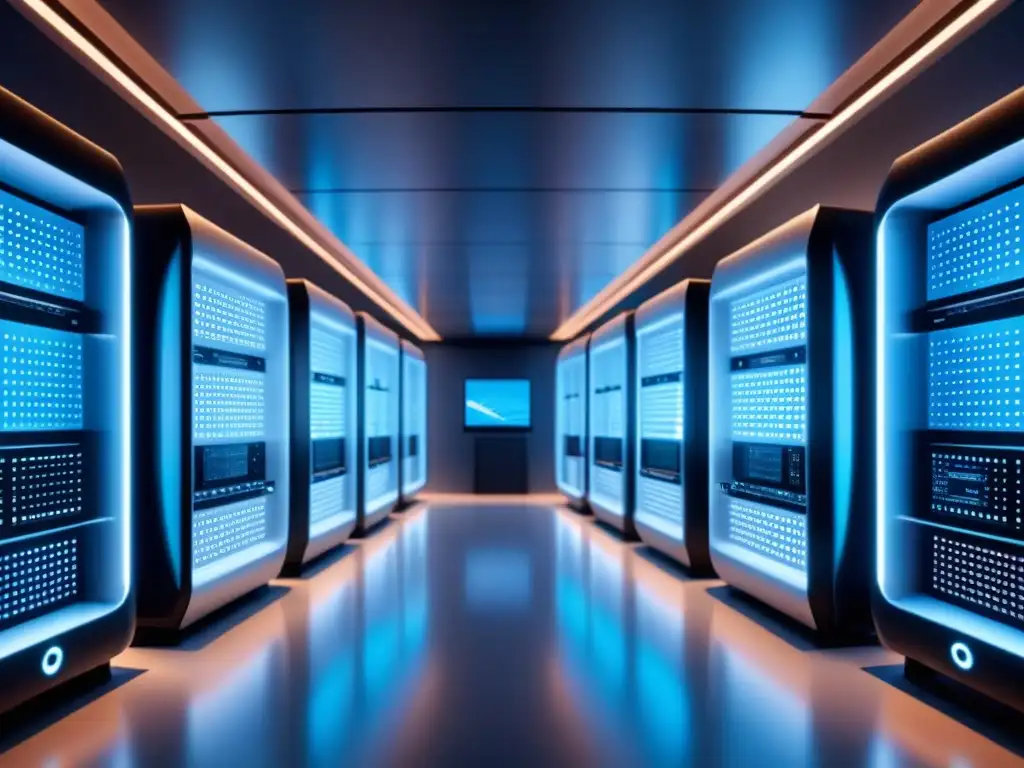 Supercomputadora futurista en laboratorio de alta tecnología Supercomputación en desarrollo de materiales: Laboratorio futurista con pantallas brillantes y diseño minimalista