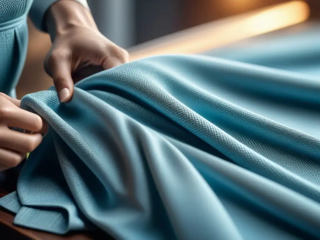 Desarrollo de textiles para pieles sensibles: Tejido delicado en tono azul pastel, detallado y suave, en telar moderno