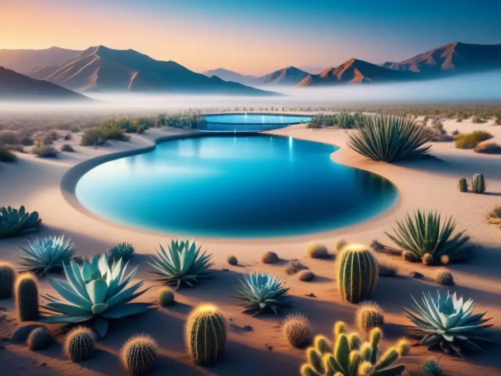 Desierto árido con moderna planta de desalinización azul, cactus dispersos y cielo atardecer