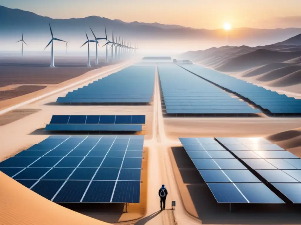 Desierto árido con planta de desalinización sostenible, paneles solares y turbinas eólicas