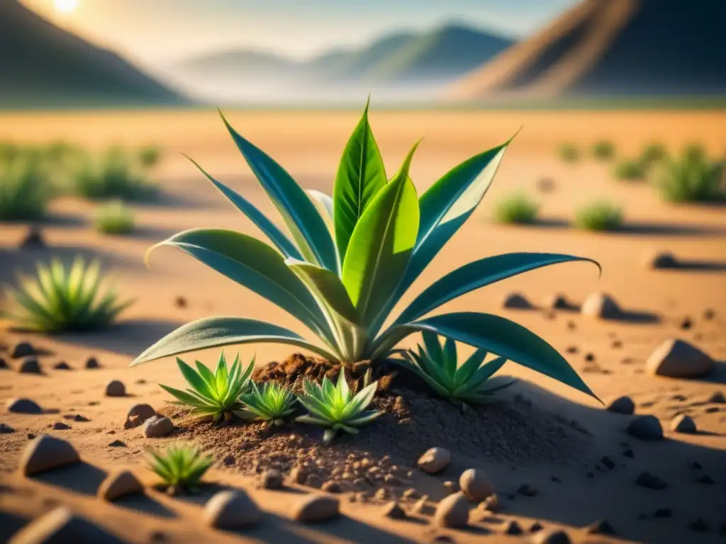 Desierto árido con planta verde resistente, simbolizando esperanza en CRISPR agricultura sostenible sequía