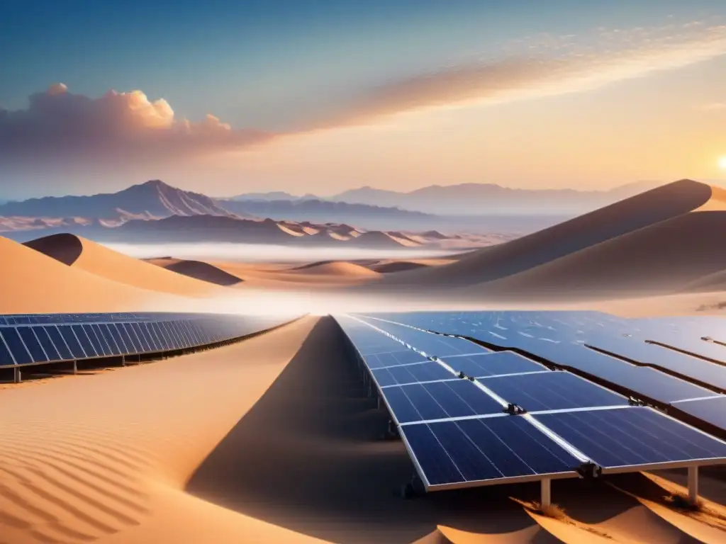 Un desierto bañado por el sol con paneles solares integrados, simbolizando el futuro de Almacenamiento energía solar avances futuros