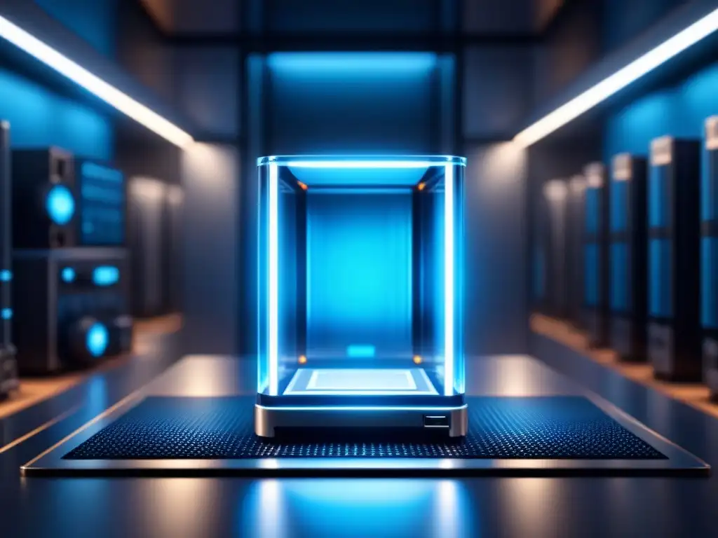 Deslumbrante setup de computadora cuántica con qubits azules brillantes en cámara transparente