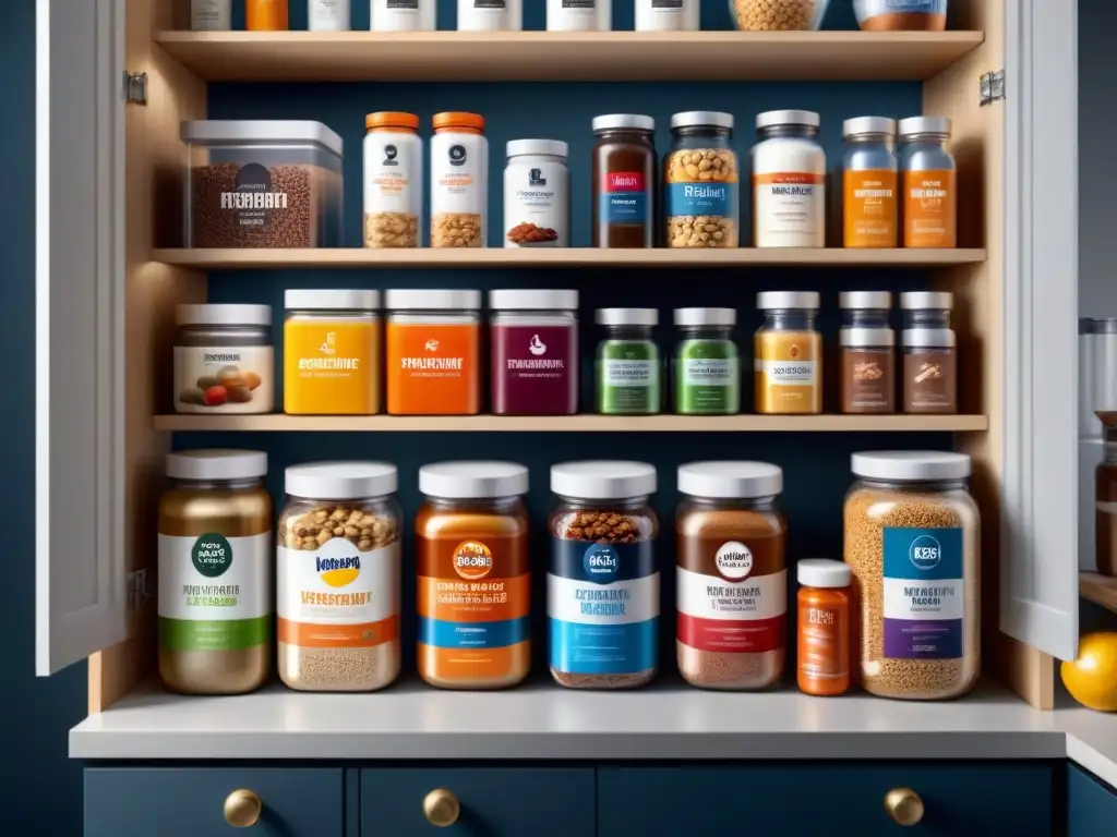 Un despensa de atleta profesional con alimentos funcionales para rendimiento deportivo, organizados y etiquetados científicamente
