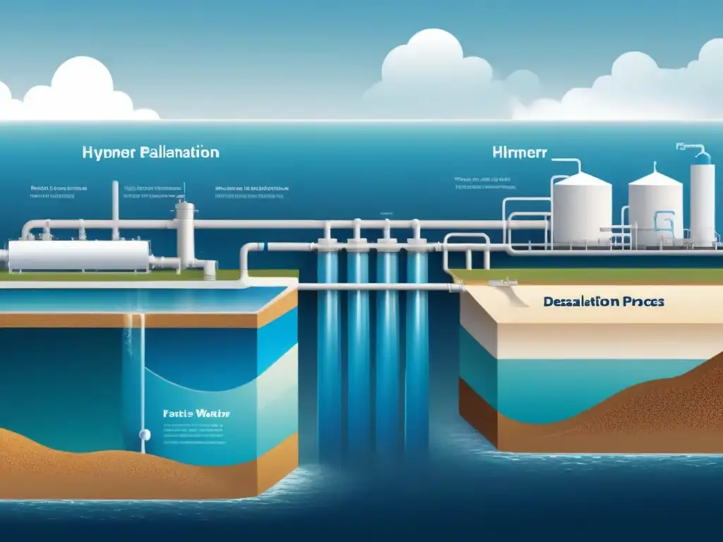 Ilustración detallada de desalinización: planta extrayendo agua de mar, filtros y agua purificada como solución escasez agua