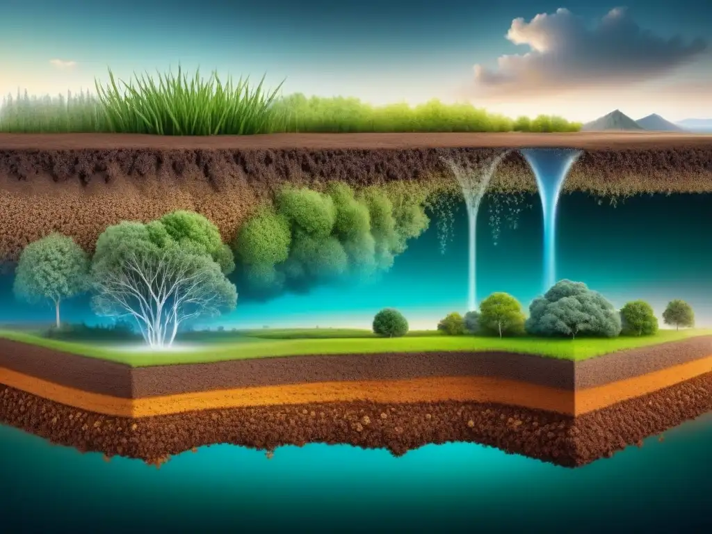 Ilustración detallada de la bioremediación de aguas residuales, con capas de suelo, raíces, microorganismos y moléculas de agua en armonía