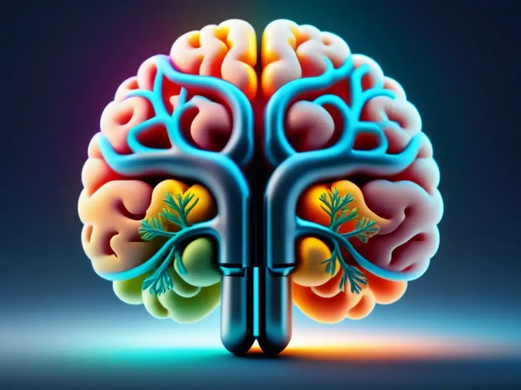 Ilustración detallada de un cerebro humano con conexiones neuronales resaltadas en colores vibrantes, simbolizando la complejidad de las interfaces neuronales en el tratamiento de enfermedades neurológicas