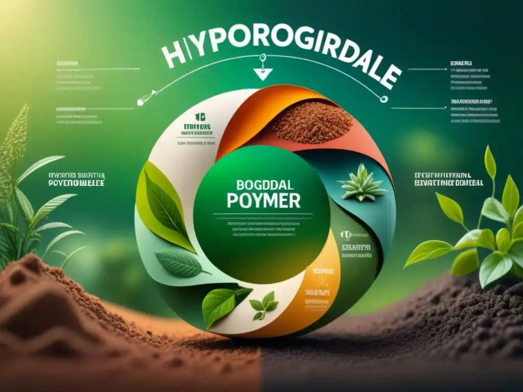 Ilustración detallada de un ciclo de vida de polímeros biodegradables para embalaje, con diseño moderno y tonos terrosos