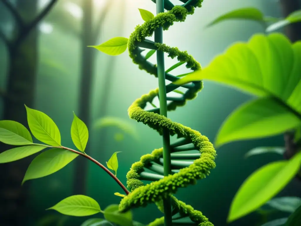 Ilustración detallada de doble hélice de ADN verde con hojas y ramas, simbolizando la integración de sostenibilidad en biotecnología normativas