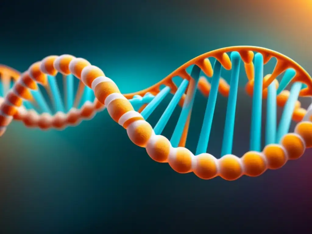 Representación detallada de una estructura de doble hélice de ADN, con colores vibrantes y diseño minimalista