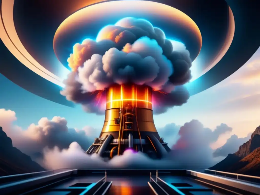 Ilustración detallada que muestra la fusión nuclear en un reactor futurista y sostenible, con energía vibrante en espiral