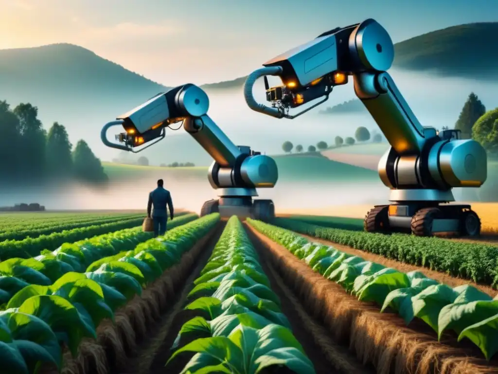 Ilustración detallada de una granja futurista con robots cosechando y una familia admirando
