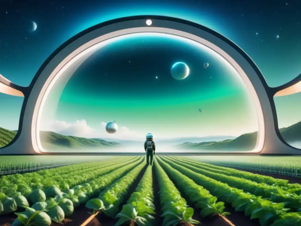 Ilustración detallada de un hábitat espacial futurista con cultivos verdes en gravedad cero, destacando el cultivo de alimentos en espacio