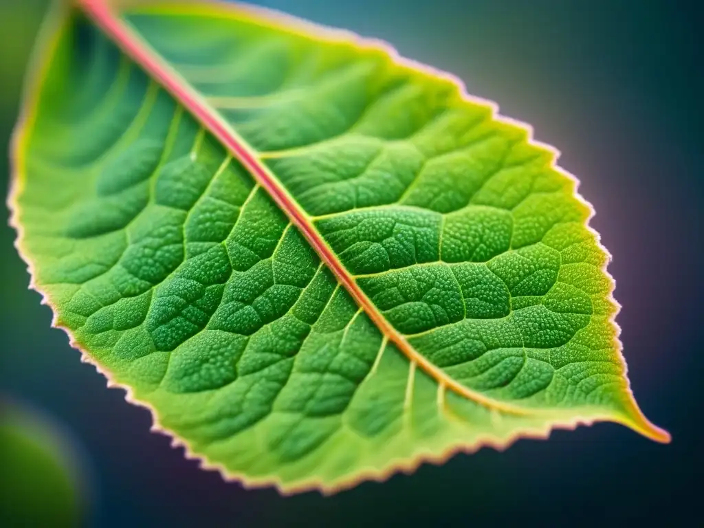 Detallada hoja de planta genéticamente modificada bajo microscopio, resaltando estructuras celulares y cloroplastos