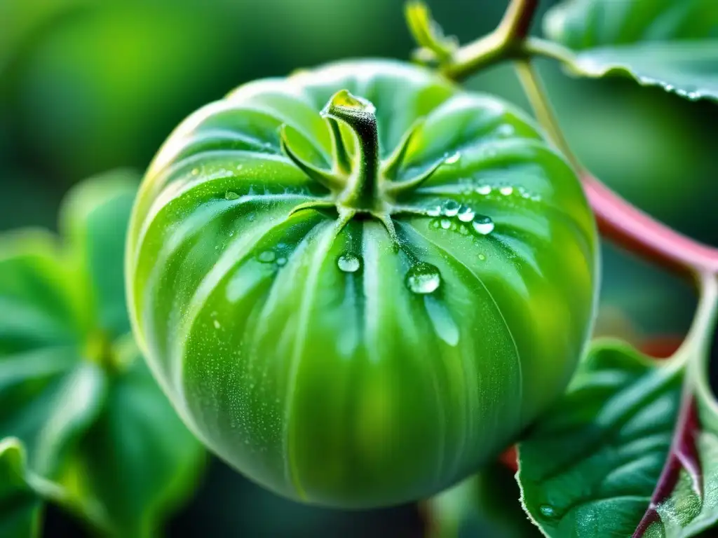 Detallada hoja de planta de tomate con gotas de rocío al amanecer