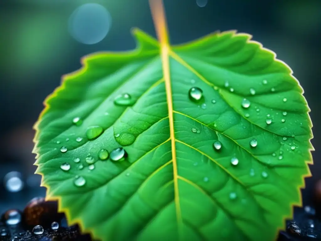 Detallada imagen en 8k de una hoja verde con venas y gotas de agua, simbolizando biocatalizadores en química verde