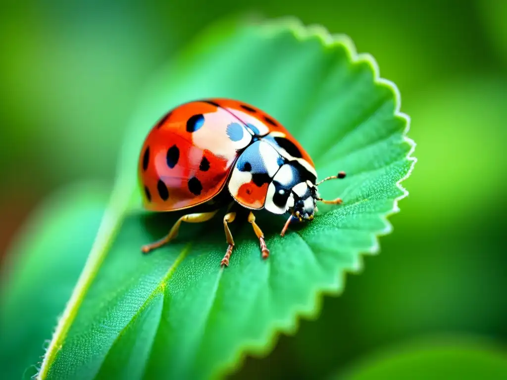 Detallada imagen en ultra HD de una mariquita sobre una hoja verde vibrante, en un jardín