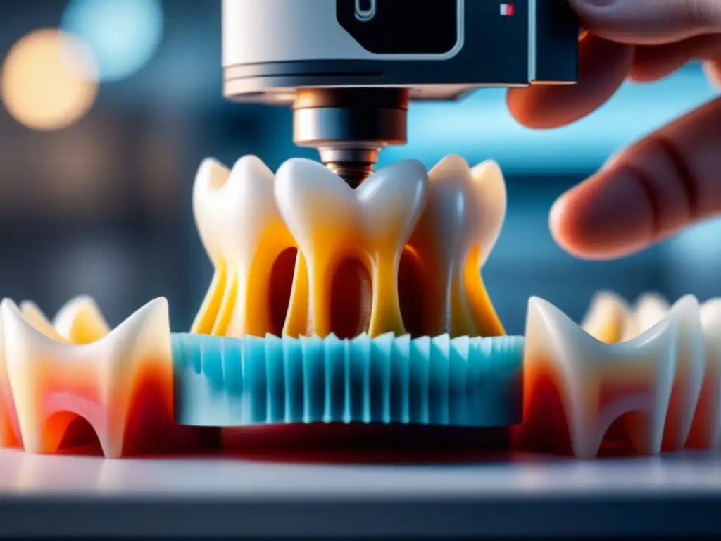 Detallada impresión 3D de un implante dental, destacando la tecnología de odontología personalizada