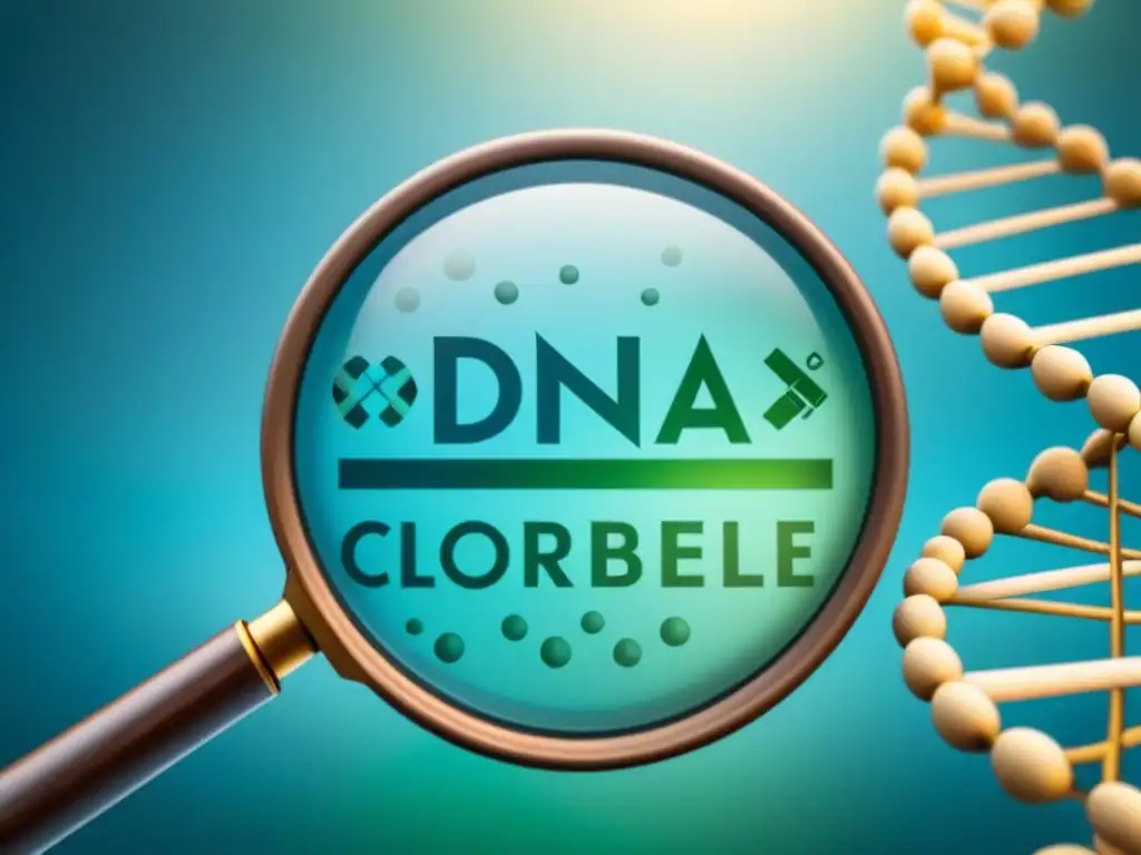 Exploración genética: símbolos científicos y éticos en diseño moderno Ilustración detallada de una lupa sobre ADN, con símbolos científicos y éticos en un diseño moderno de azules y verdes
