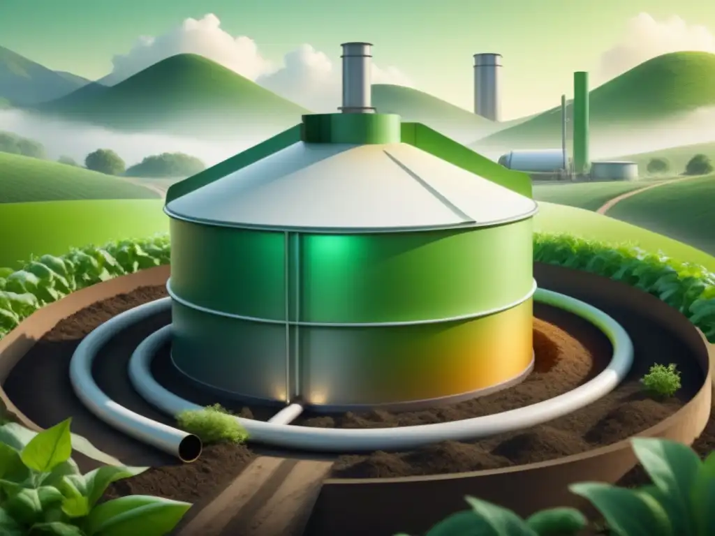 Transformación de residuos orgánicos en energía limpia Ilustración detallada y minimalista de la conversión de residuos orgánicos en energía