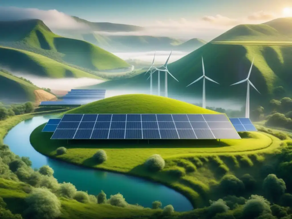 Ilustración detallada y minimalista de una operación minera sostenible en un paisaje verde, con tecnologías ecofriendly integradas
