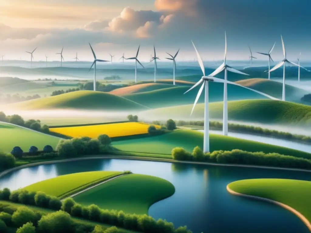 Armonía industrial sostenible: fábricas, turbinas eólicas y paneles solares Ilustración detallada y minimalista de un paisaje industrial diverso con fábricas, turbinas eólicas, paneles solares y espacios verdes, simbolizando estrategias de seguros de propiedad y accidentes sostenibles en sectores industriales