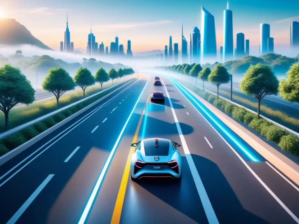 Ilustración detallada de una moderna infraestructura inteligente de transporte sostenible con vehículos eléctricos autónomos