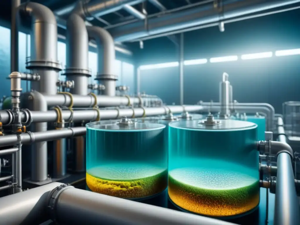 Microorganismos en Planta de Tratamiento de Agua Industrial: Detalles 8k Ilustración detallada en 8k de una moderna planta de tratamiento de aguas industriales con microorganismos