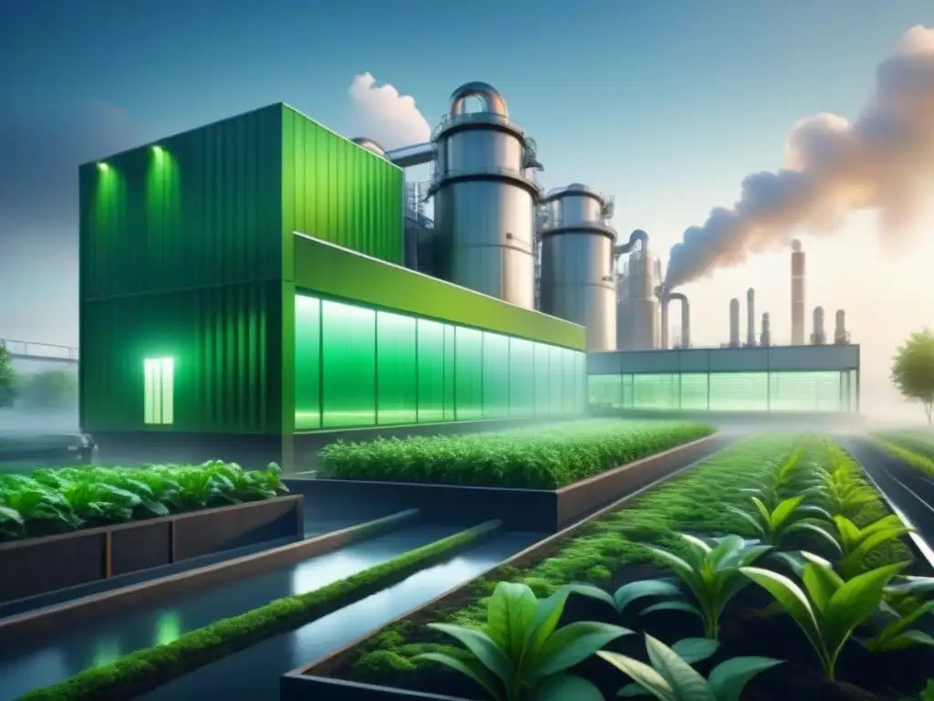 Ilustración detallada de una planta industrial futurista integrada con sistemas de bioremediación, mostrando la armonía entre tecnología y naturaleza