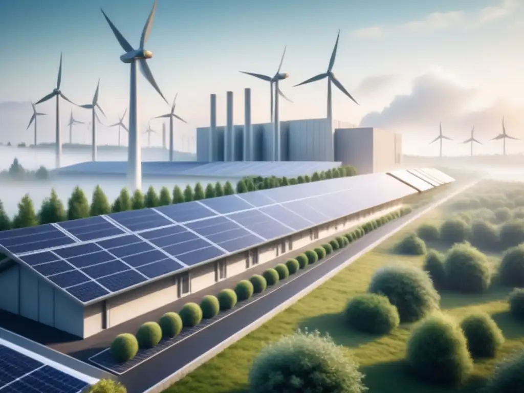 Planta industrial eco-sostenible con diseño minimalista Ilustración detallada de una planta industrial moderna con características ecofriendly como paneles solares, turbinas eólicas y vegetación integrada