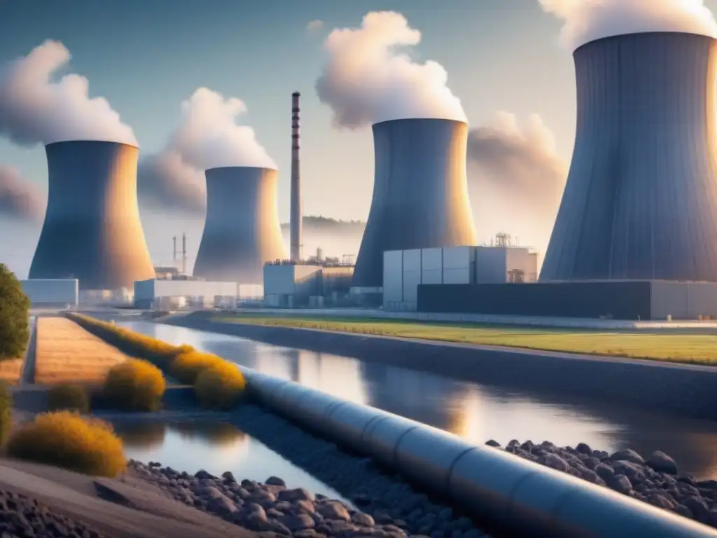 Detallada ilustración de una planta nuclear moderna con innovaciones en seguridad y tecnología