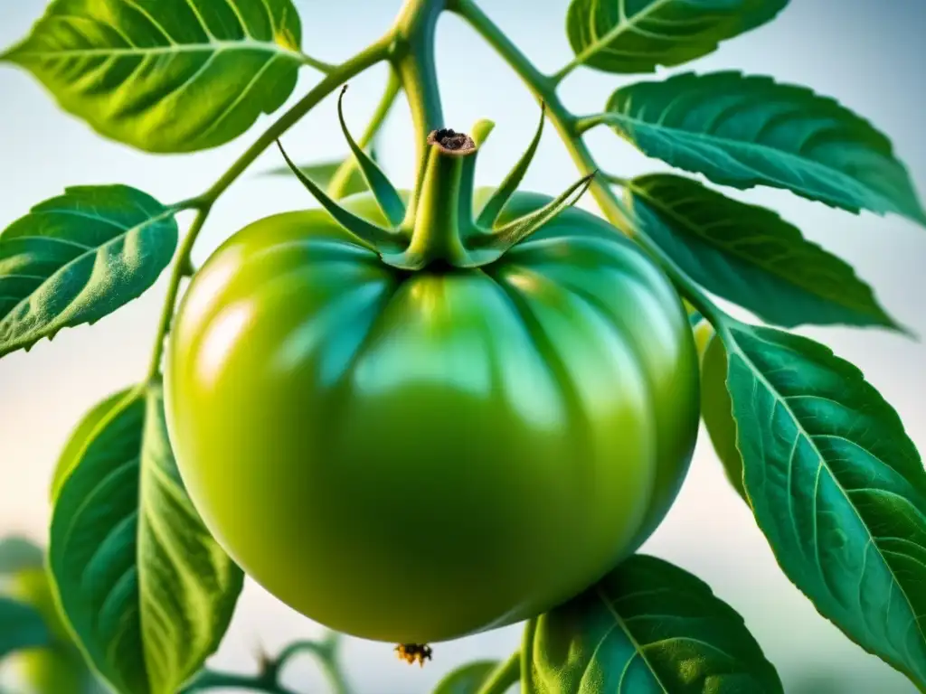 Detallada ilustración de planta de tomate verde con modificaciones genéticas, destacando beneficios tecnología CRISPR en agricultura