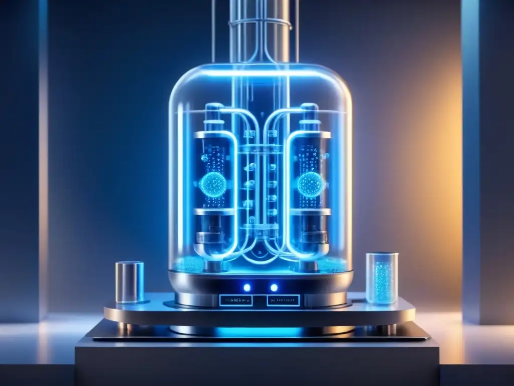 Detallada ilustración de un reactor biológico futurista con tubos y cámaras interconectadas, iluminadas con luz bioluminiscente