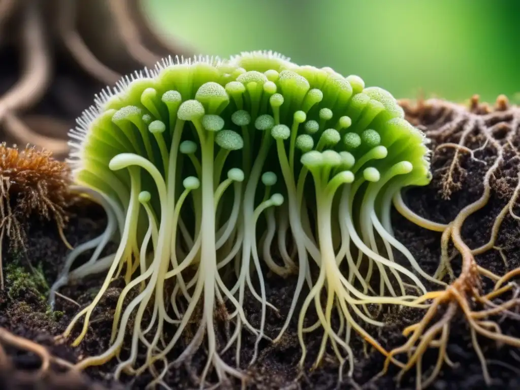 Detallada red de hongos micorrízicos entrelazados con raíces de plantas en suelo fértil