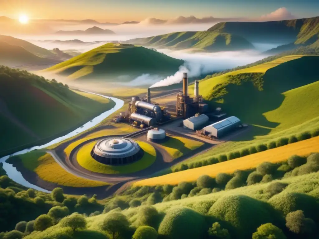 Ilustración detallada de un sitio minero futurista en armonía con la naturaleza