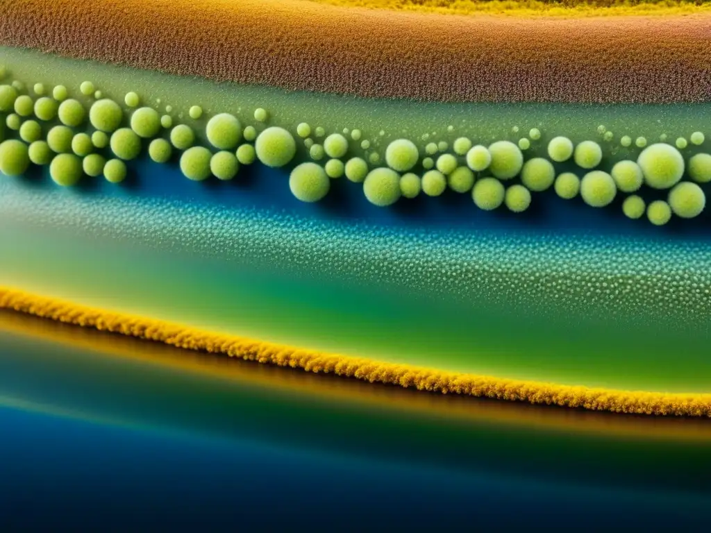 Biofilm microbiano: Revolución en tratamiento de agua Un detallado biofilm bacteriano en un tanque de tratamiento de aguas industriales con microorganismos
