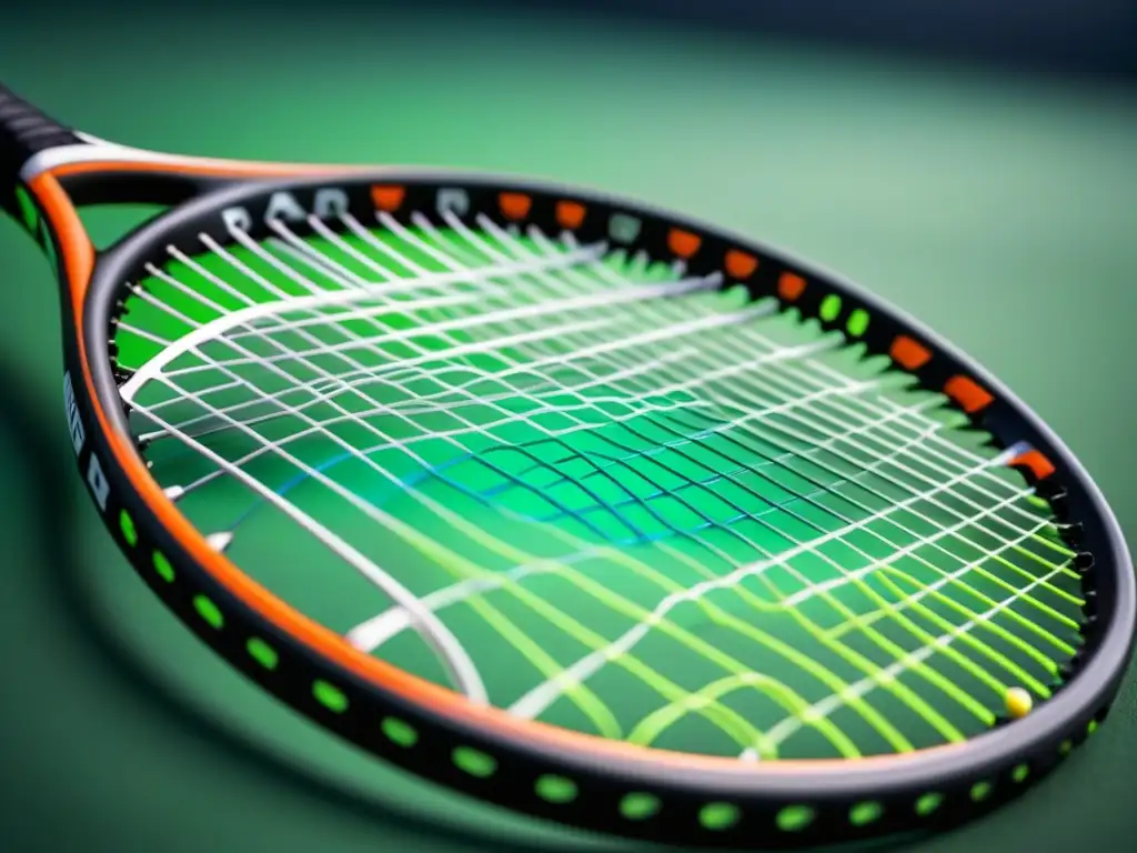 Detallado closeup de un marco de raqueta de tenis de fibra de carbono, resaltando el patrón de tejido y acabado brillante