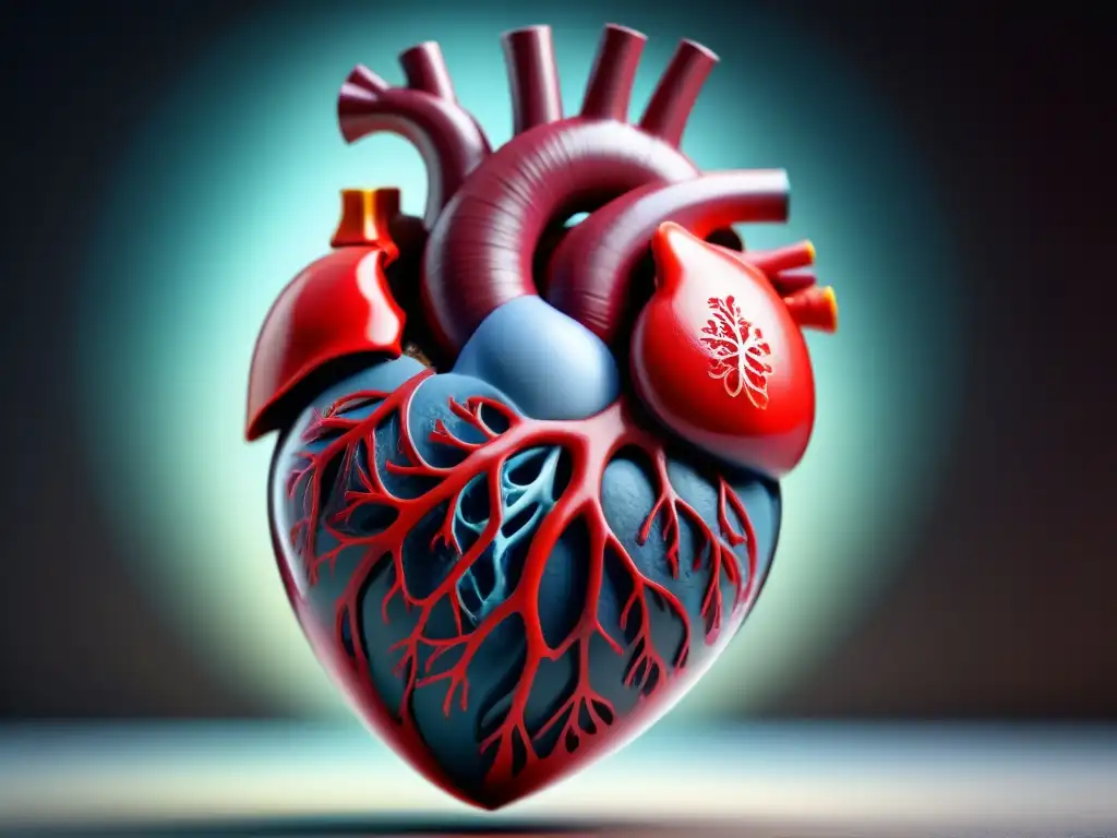 Corazón humano bioimpreso en 8k: avances en biotecnología Detallado corazón bioingenierizado en estuche transparente, destacando avances en testeo de fármacos en órganos