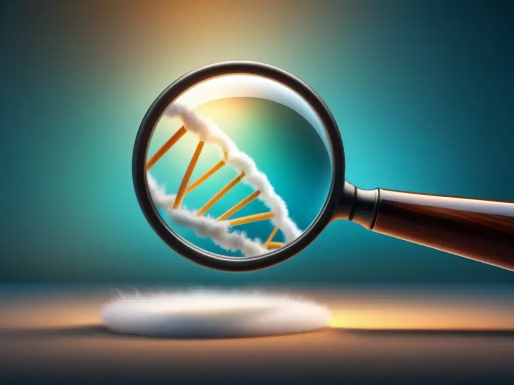 Un detallado dibujo de una lupa enfocada en una doble hélice de ADN, representando precisión en la investigación biotecnológica