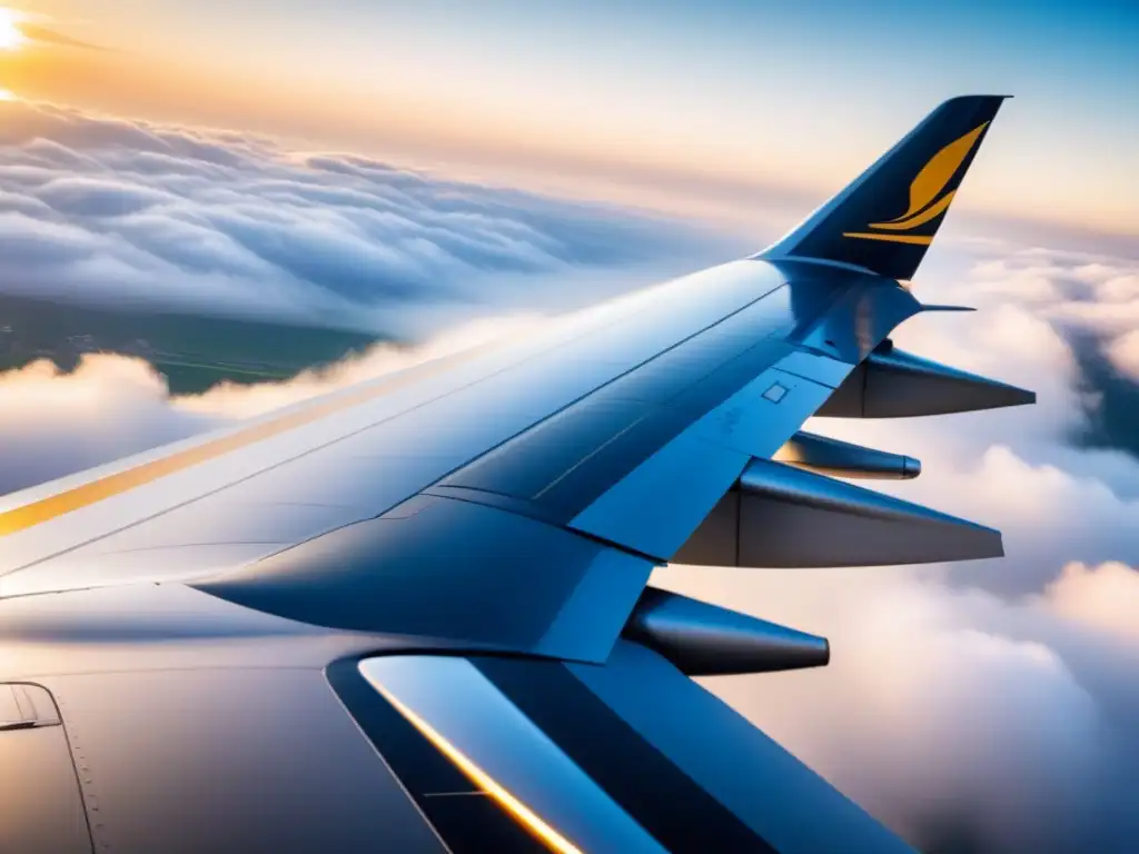 Innovación: Ala de avión biofuturista con biocombustible sostenible Detalle de ala de avión futurista con biocombustibles sostenibles para aviación