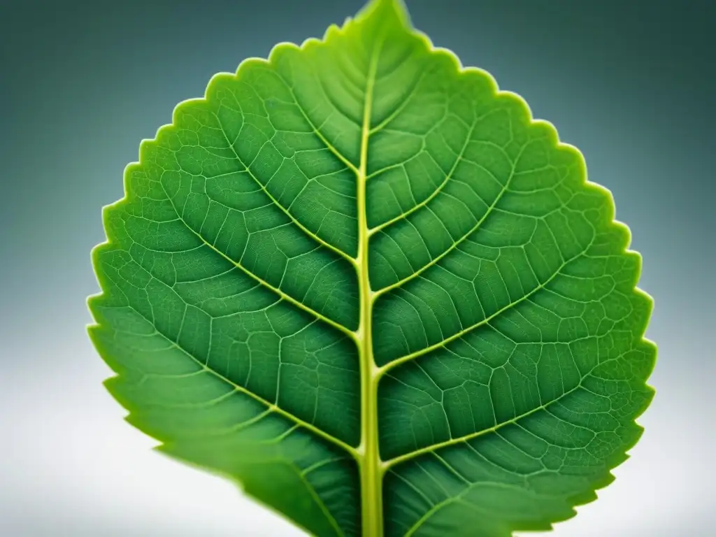 Detalle en alta resolución de una hoja verde con estructuras celulares, destacando la belleza de la biología vegetal