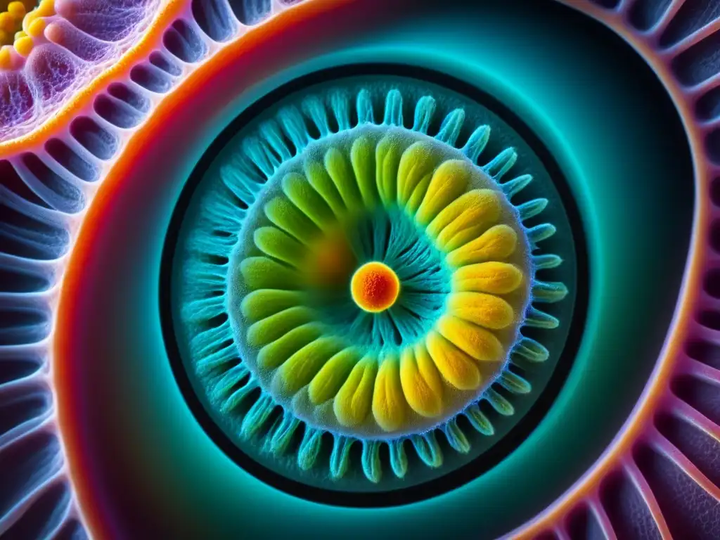Detalle asombroso de una célula vegetal modificada genéticamente bajo microscopio, mostrando patrones e intrincadas estructuras en núcleo, citoplasma y pared celular