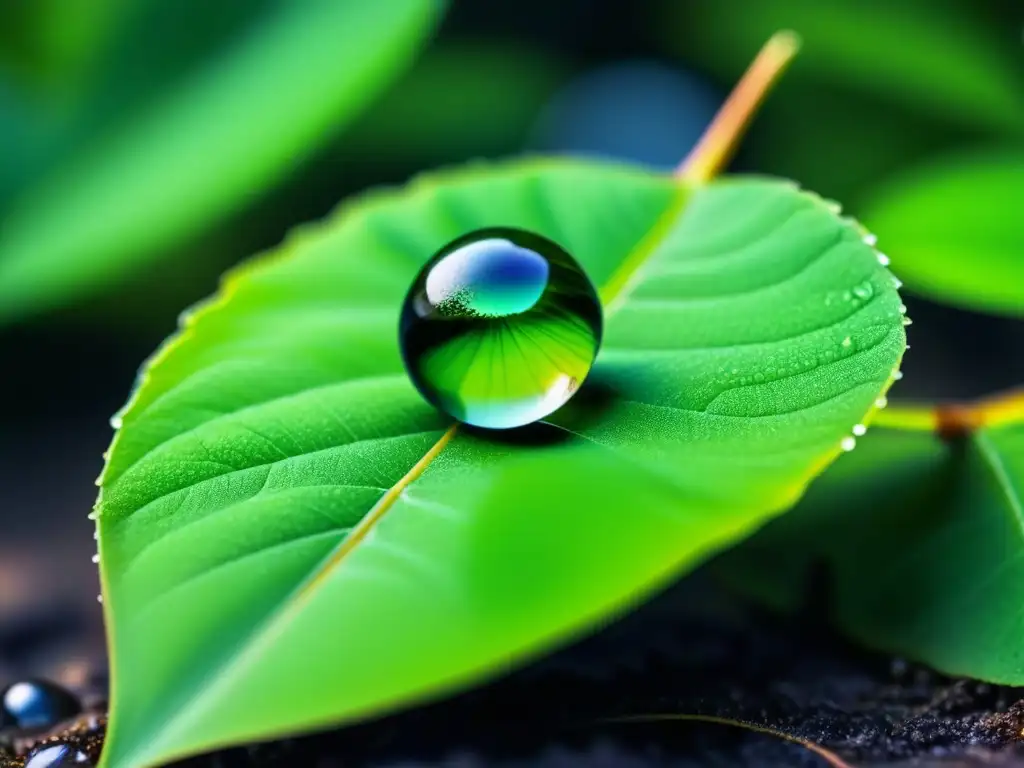 Detalle asombroso de gota de agua en hoja, reflejando la naturaleza