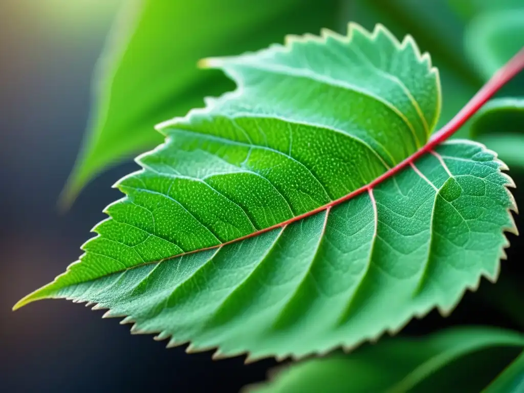 Detalle asombroso de una hoja verde con biocatalizadores, ilustrando la importancia de los biocatalizadores en la química verde
