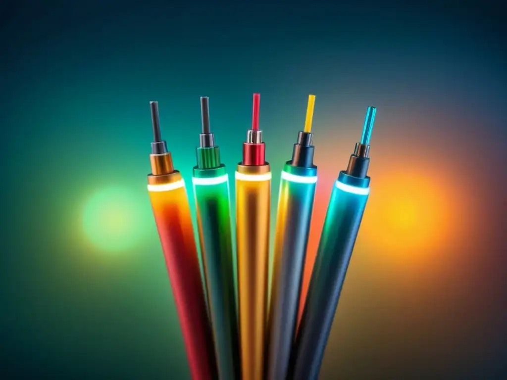 Detalle de cable de fibra óptica moderno iluminado, mostrando los beneficios de fibra óptica en diseño minimalista y profesional