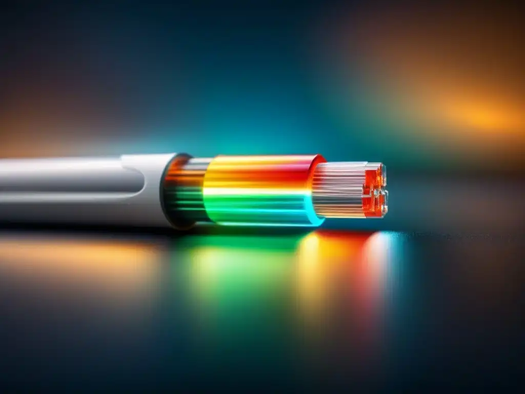 Detalle de cable de fibra óptica moderno con patrones de luz, destacando la importancia de la fibra óptica