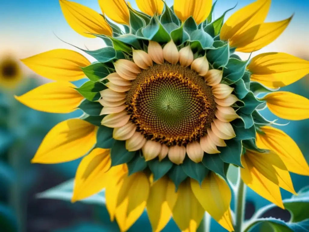 Detalle de girasol próspero en campo, pétalos dorados vibrantes sobre cielo azul