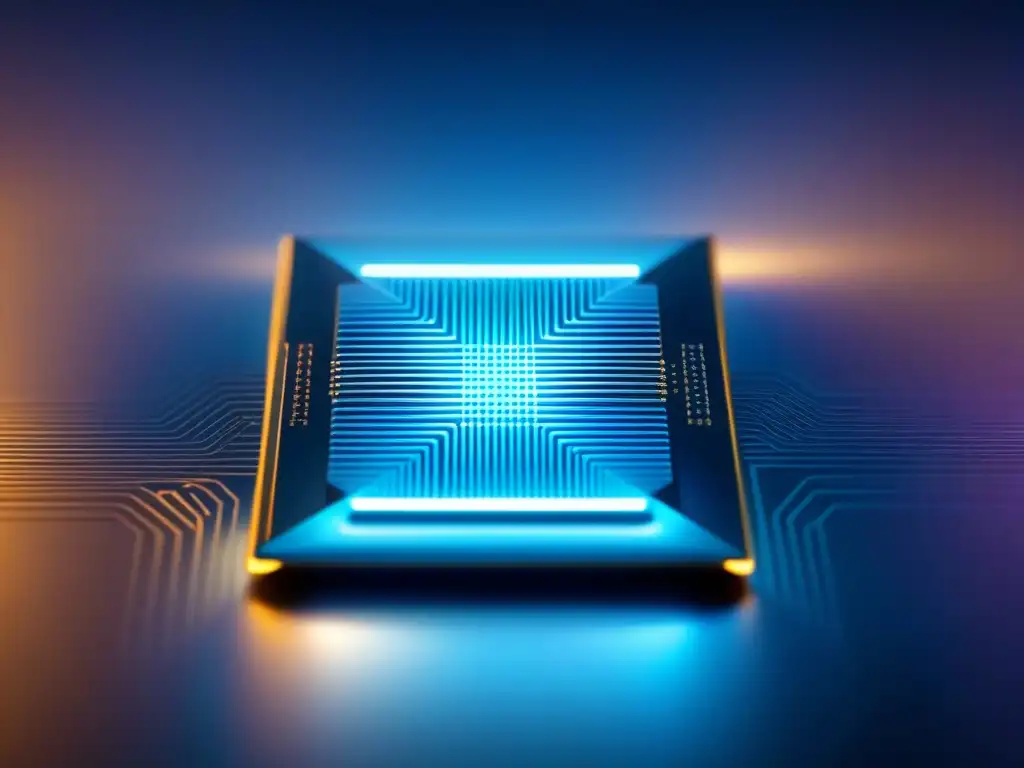 Detalle de chip de computadora cuántica iluminado en azul, mostrando patrones de circuitos precisos