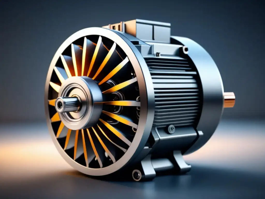 Detalle de un diagrama de motor eléctrico de alta eficiencia en tonos grises, mostrando estator, rotor y líneas de campo magnético