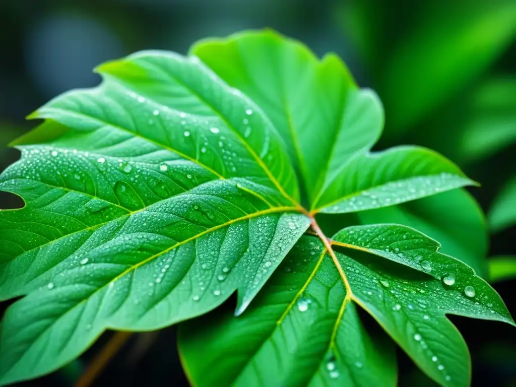 Detalle exquisito de una hoja verde cubierta de gotas de agua, resaltando su red de venas y tonalidades naturales